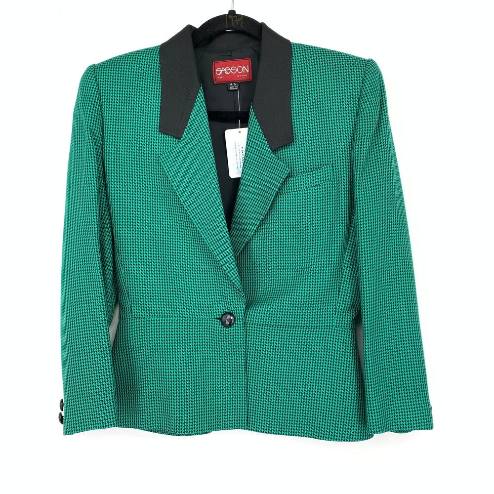VTG 80s Sasson Blazer Jacket Womens Sz 4 Green Black Microcheck Single Button